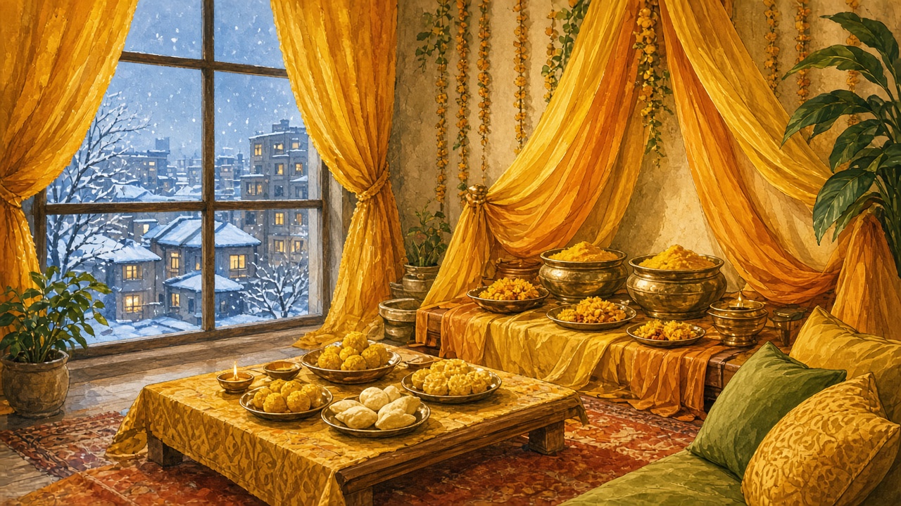 A living room dressed in marigolds and yellow fabric for a gaye holud